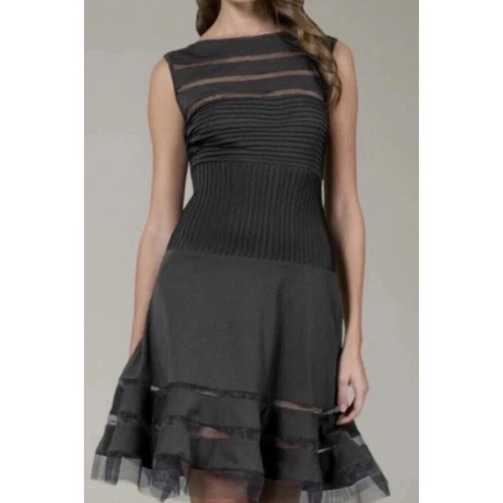 Tadashi Shoji Black Illusion Mesh Stripe Fit‎ And Flare Cocktail Dress Size L
